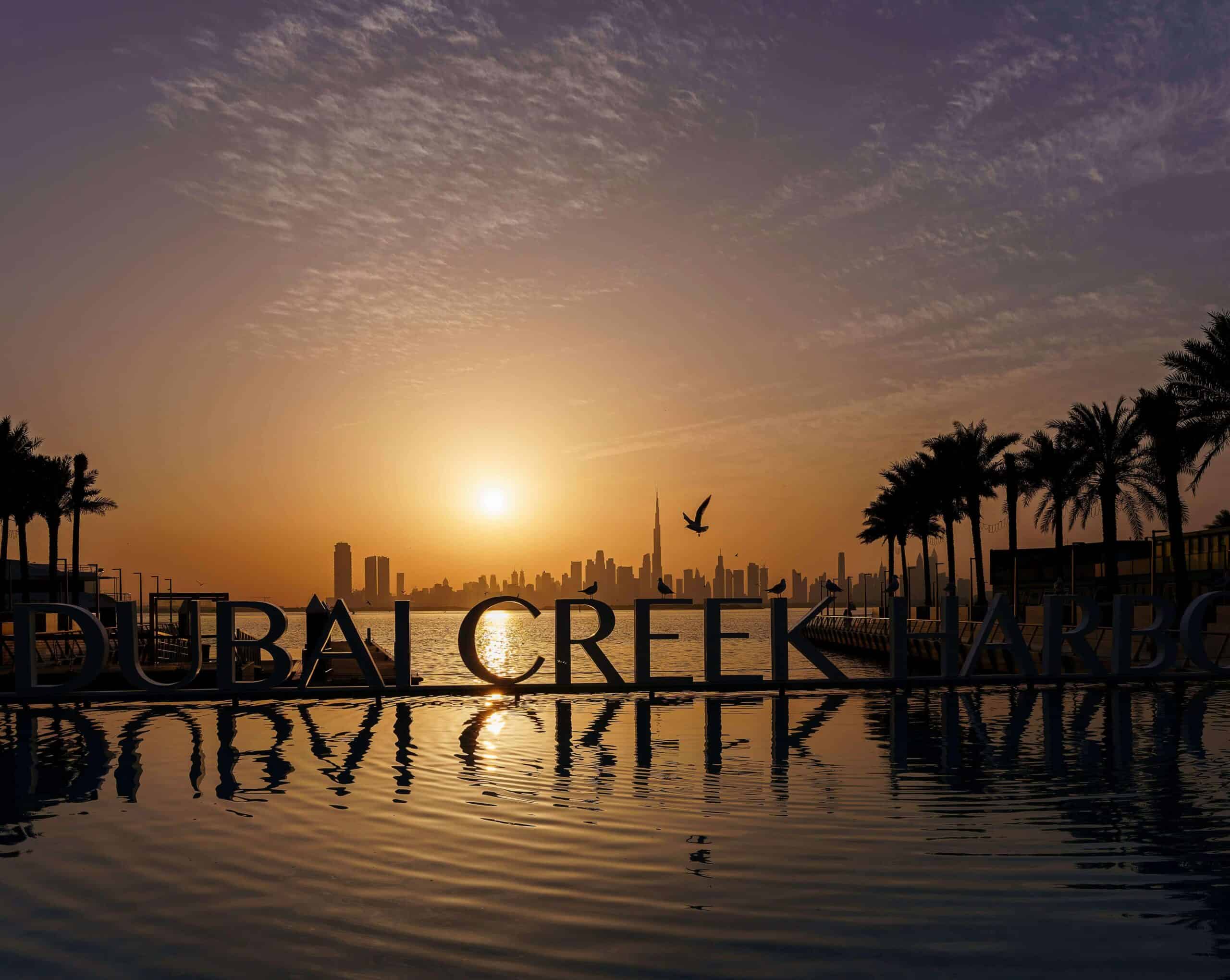 Dubai Creek Harbour at sunset with the view of the waterfront