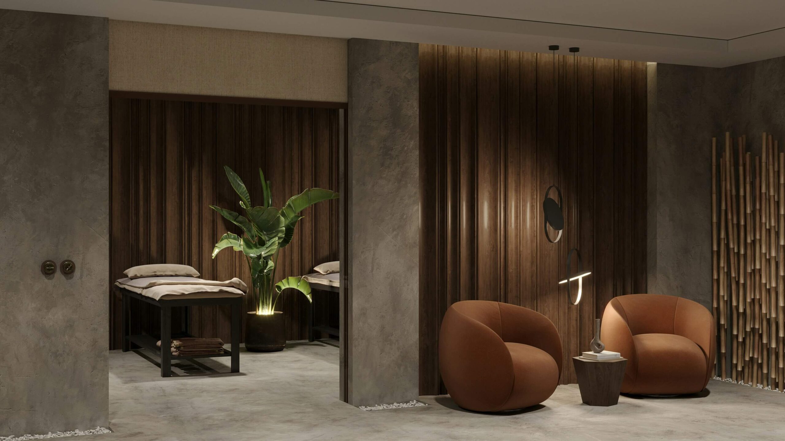 a spa with massage beds and chairs