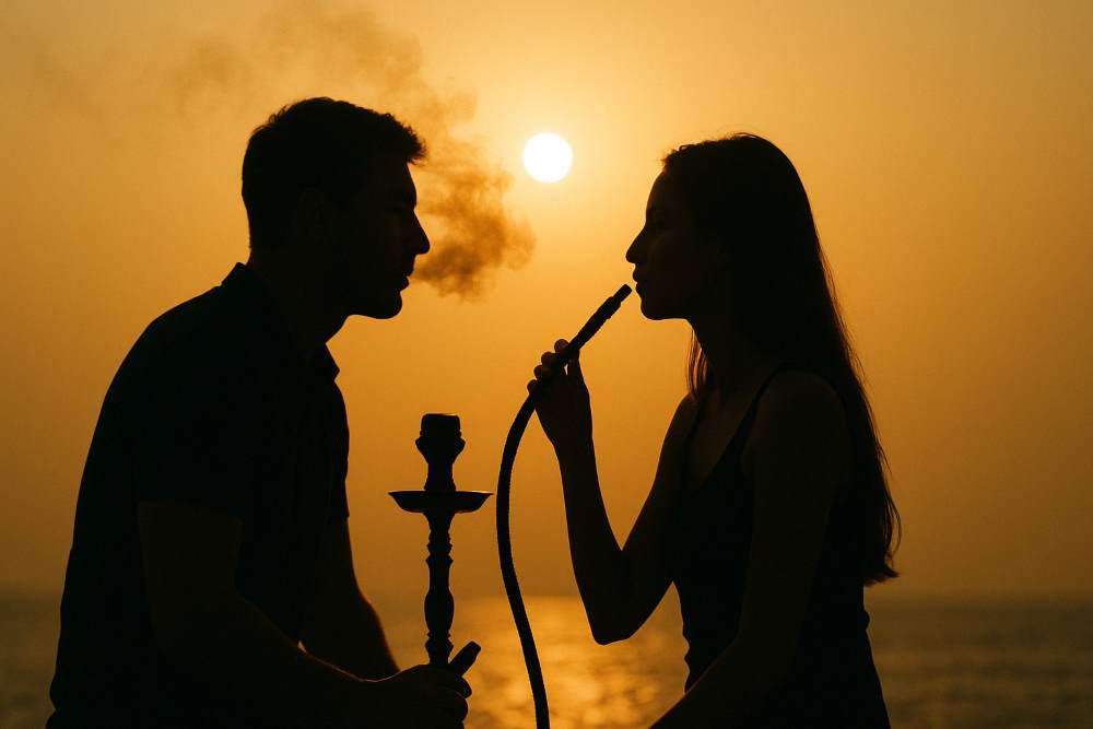 Silhouette of a man and woman smoking shisha