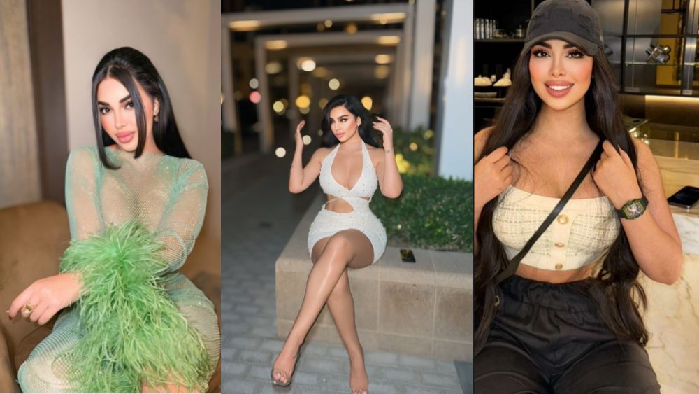 three photos of Abir in elegant outfits