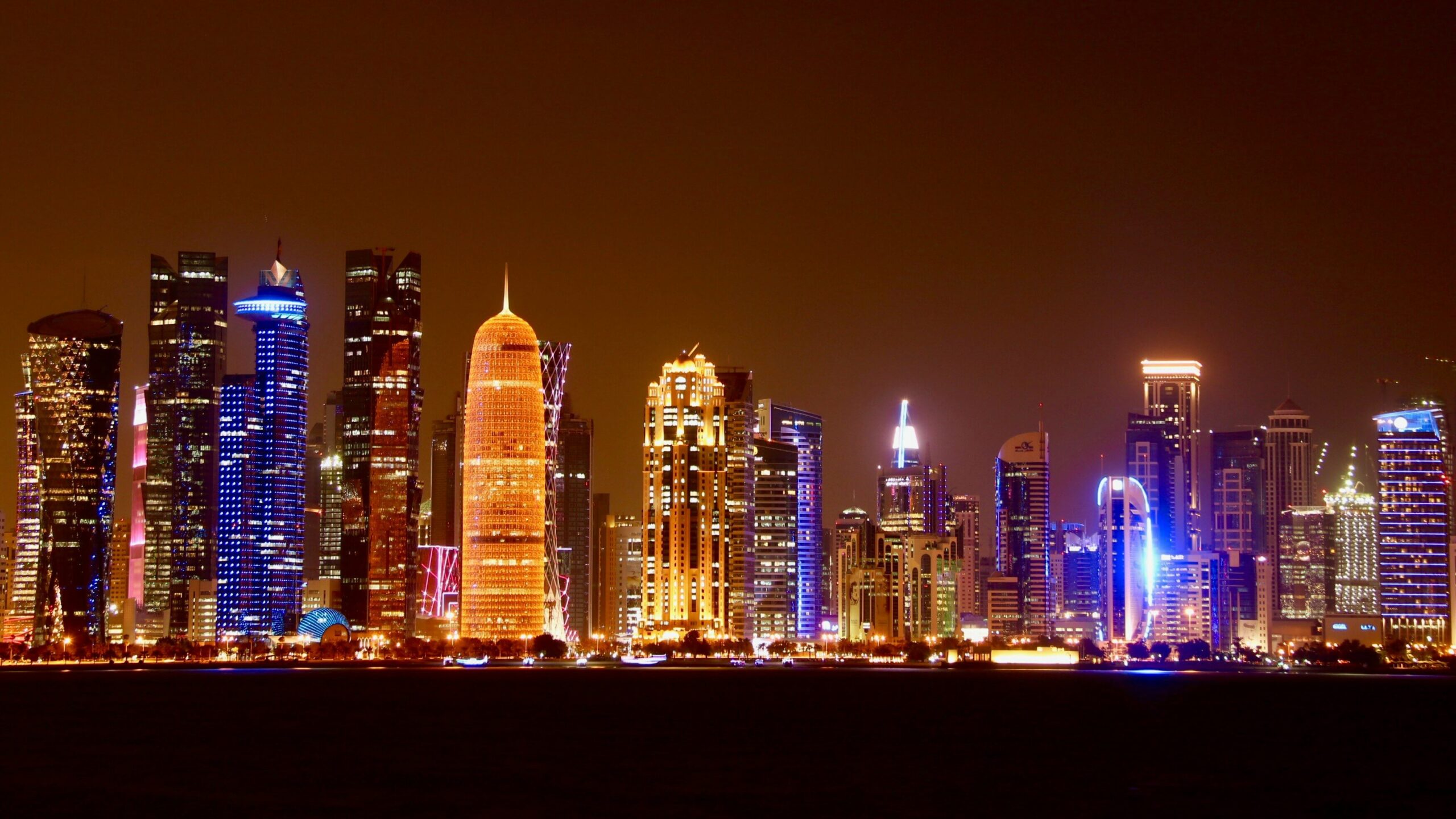 Doha cityscape lit up at night